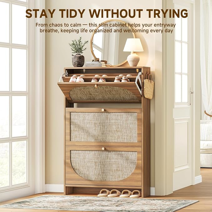 Nicetree Shoe Storage Cabinet for Entryway, Slim Arched Rattan Accent Shoe Cabinet with 3 Flip Drawers & 3-Tier Adjustable Shelves, Modern Boho Shoe Storage Cabinet, Narrow Shoe Rack for Small Spaces - Image 6