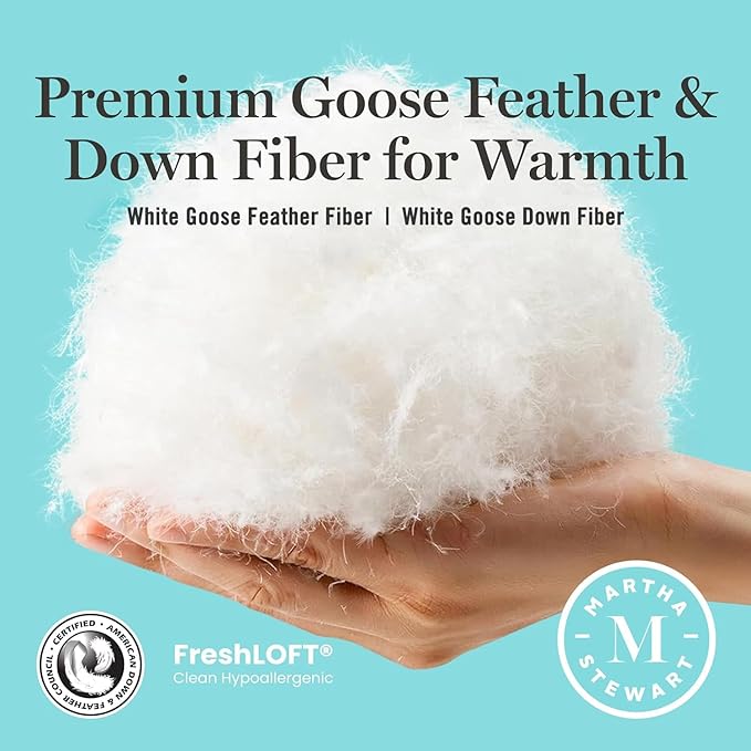 Martha Stewart White Goose King Size Feathers Down Fiber Comforter, 100% Cotton Duvet Insert King, Hotel Luxury Hypoallergenic Comforter 59oz Light Warmth 106 x 90 Inch