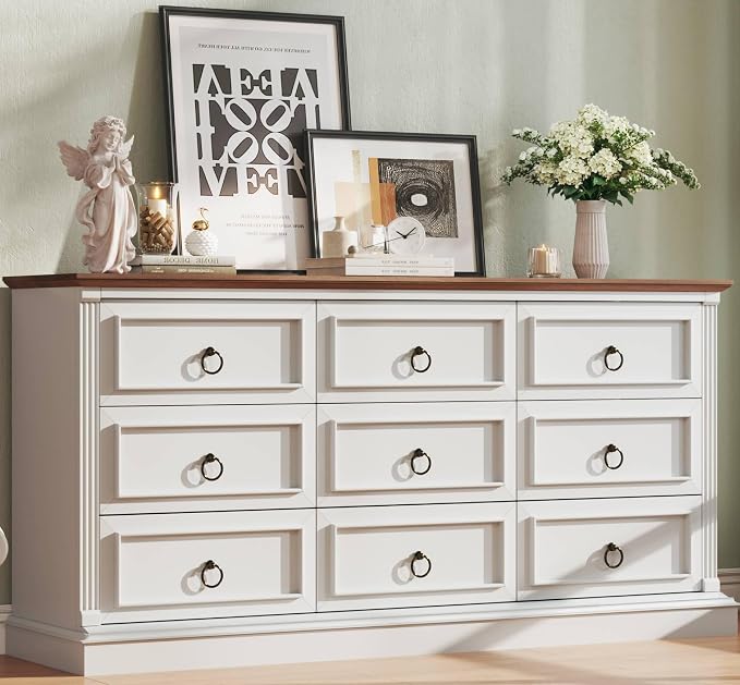 HUAHUU Farmhouse 9 Drawer Dresser for Bedroom, 60" Wide Wood Dresser with Roman Column, Chest of Drawers with Antique Bronze Circle Handles, Storage Organizer for Living Room, Hallway, Entryway, White by HUAHUU