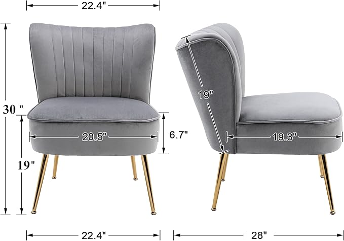 DUOMAY Modern Accent Chair Set of 2 Velvet Slipper Chair with Gold Legs Wingback Side Chair for Living Room Bedroom Entryway Small Corner Chair for Space Saving, Grey
