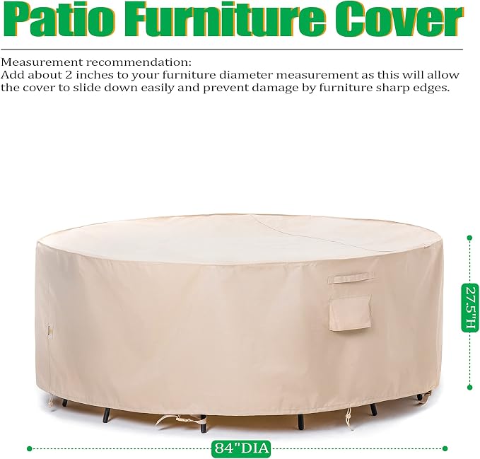 F&J Outdoors Patio Furniture Covers Waterproof UV Resistant Rip-stop Fabric Round Outdoor Furniture Covers, Beige, 84" Dia x 27.5" H - Image 2