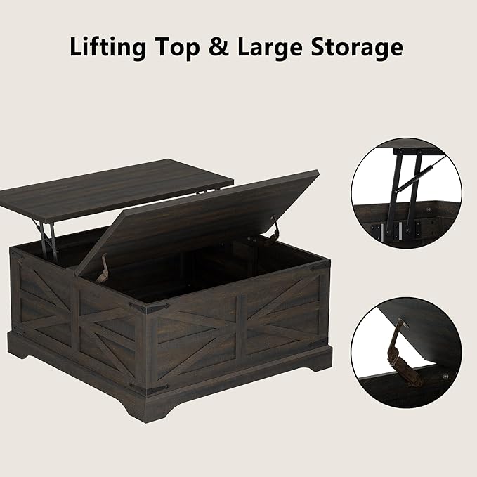 Furnideco 35.5''W Square Coffee Table Farmhouse Lift top Coffee Table with Large Hidden Storage, Wood Center Table for Living Room, Home Office, Dark Brown