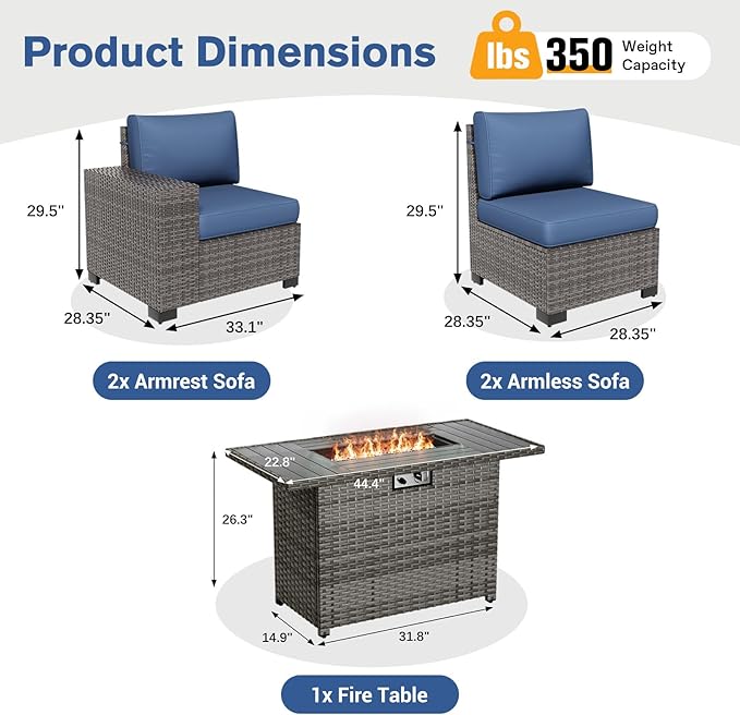 5 Piece Patio Furniture Set with Fire Pit Table, Outdoor Conversation Sets Grey Wicker Rattan Sectional Sofa, 4'' Thickened Cushion Navy Blue (Include Waterproof Cover)
