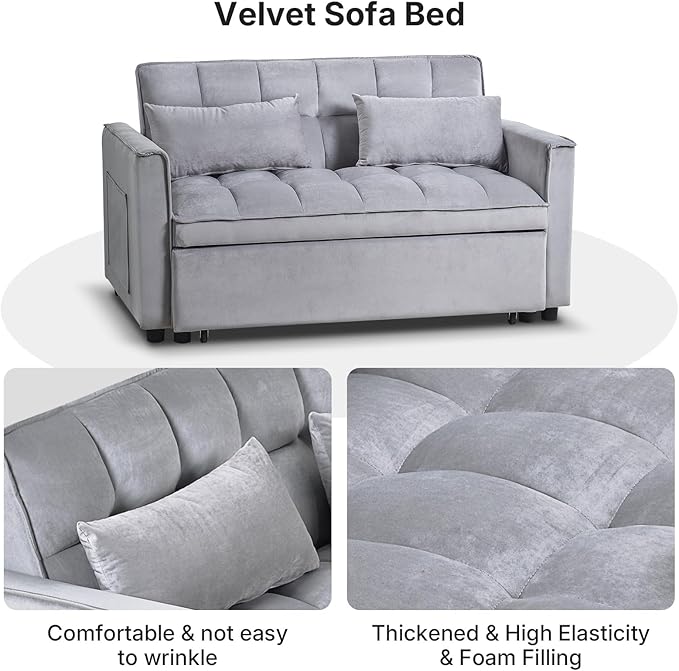 Rovibek 3 in 1 Sleeper Sofa Bed, 53'' Pull Out Couch Convertible Futon Loveseat with Adjustable Backrest, Velvet Sleeper Chaise Lounge Futon for Apartment Office Small Space, Grey