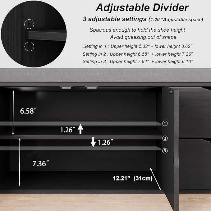 LVB 2-Tier Storage Bench with Padded Seat Cushion, Entryway Bench with 2 Drawers, Removable Barn Doors & Adjustable Shelf, Industrial Shoe Bench for Hallway, Bedroom, Living Room,Black Oak, 40 Inch - Image 5