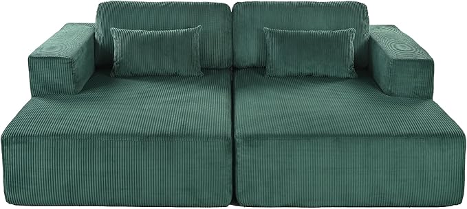 86-Inch Fluffy Corduroy Boneless Sleeper Daybed Loveseat Double Recliner Chaise Lounge Sofa Couches, Floor Cloud Sofa Chaise W/4 Pillows for Home Apartment Living Room