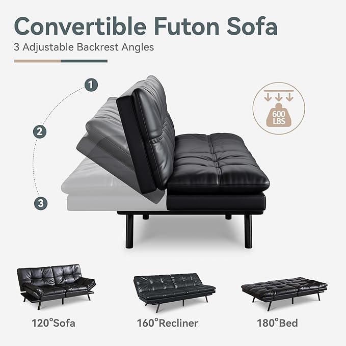 Futon Sofa Bed Convertible Couch, Black Faux Leather Sofa Bed with Memory Foam, Adjustable Backrest & Armrests, Multifunctional Small Loveseat Sleeper Sofa for Living Room, Apartment, Office