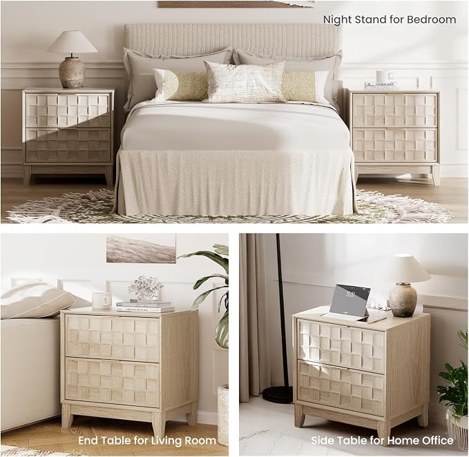COLAMY Nightstand with Charging Station, 2 Drawers Modern Bedside End Table Dresser, with Chessboard Relief and Wood Legs, for Bedroom, Closet and Small Space - Oak - Image 6