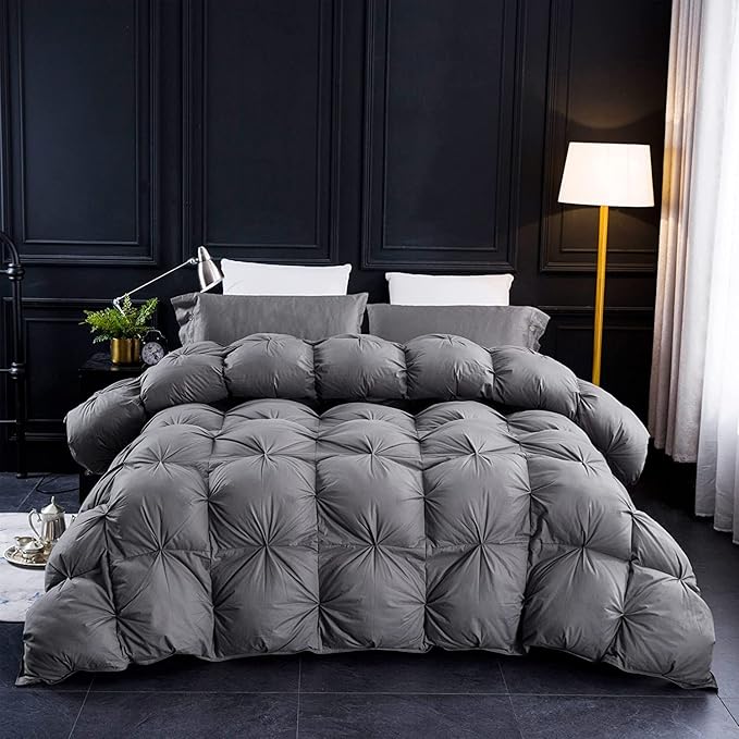 Three Geese Pinch Pleat Waterfowl Feathers and Down Comforter Queen Size Duvet Insert, 1200TC 100% Cotton Fabric, Premium All Seasons Grey Hotel Warm Comforter with 8 Tabs.