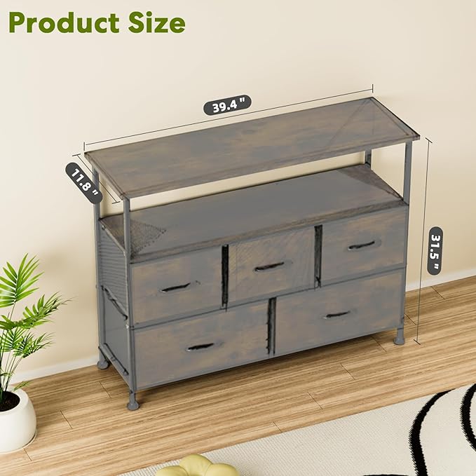 Simple Deluxe TV Stand Dresser for Bedroom Entertainment Center with 5 Fabric Drawers, Storage Organizers Units for Living Room, Media Console Table with Open Shelf up for 45" TV, Rust, Wood top