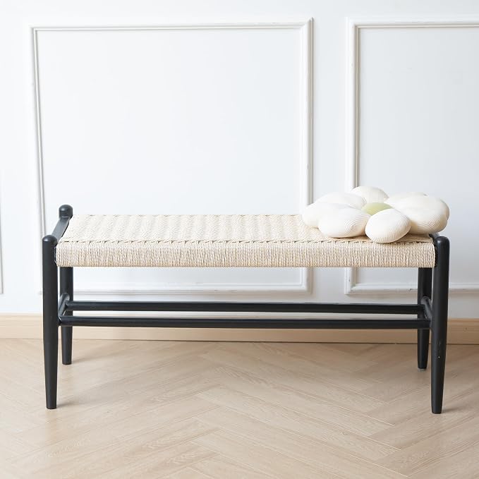 Solid Wood Entryway Bench with Shoe Storage, Rustic Oak Wood and Woven Design 39.4 Inch Long Seating for Living and Dining Rooms,Black - Image 6