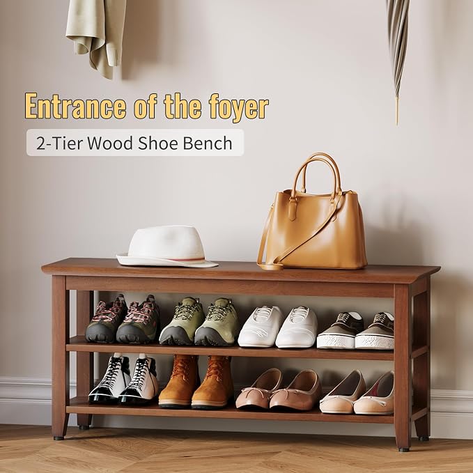 Wood Shoe Bench for Entryway,Bench with Shoe Rack,Storage Shoe Organizer for Hallway,Living Room,Bedroom (Brown, 39.37''W×11.81‘’D×17.71‘’H) - Image 3