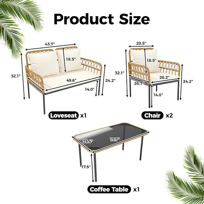 4 Pieces Outdoor Patio Furniture Set with Table - Rattan Balcony Furniture for Porch or Deck, Includes Chaise Lounge, 2 Armchairs with Cushions and Pillows for Porch Backyard Lawn Poolside Deck, Beige