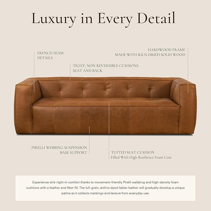Poly & BARK Capa 92" Sofa – Saddle Tan Full-Grain Pure-Aniline Italian Leather, Boxy Modern Design, Feather-Fiber Cushions, Solid Wood Frame