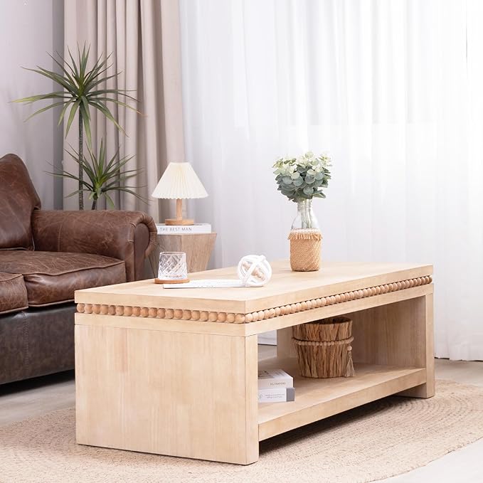 Rectangular Coffee Table with Real Wood Beads, Rustic Wooden Center Table with Open Storage Shelf, Farmhouse Tea Table for Living Room Apartment Office,47.6" L x 23.7" W x 18" H