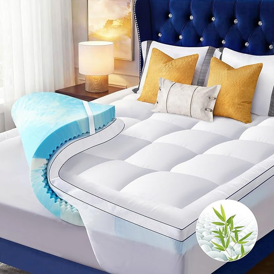 Queen Size 4 Inch Dual Layer Mattress Topper, 2 Inch Fluffy Soft Pillow Top Mattress Pad Cover and 2 Inch Gel Memory Foam for Back Pain Relief, Breathable, Cooling