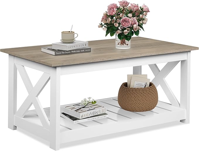 WLIVE Farmhouse Coffee Table for Living Room, 40.1" Rustic Center Table with X-Frame Support & Storage Shelf, 2-Tier Wood Coffee Tables for Bedroom & Balcony, White