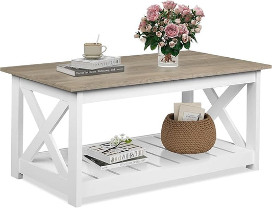 WLIVE Farmhouse Coffee Table for Living Room, 40.1" Rustic Center Table with X-Frame Support & Storage Shelf, 2-Tier Wood Coffee Tables for Bedroom & Balcony, White
