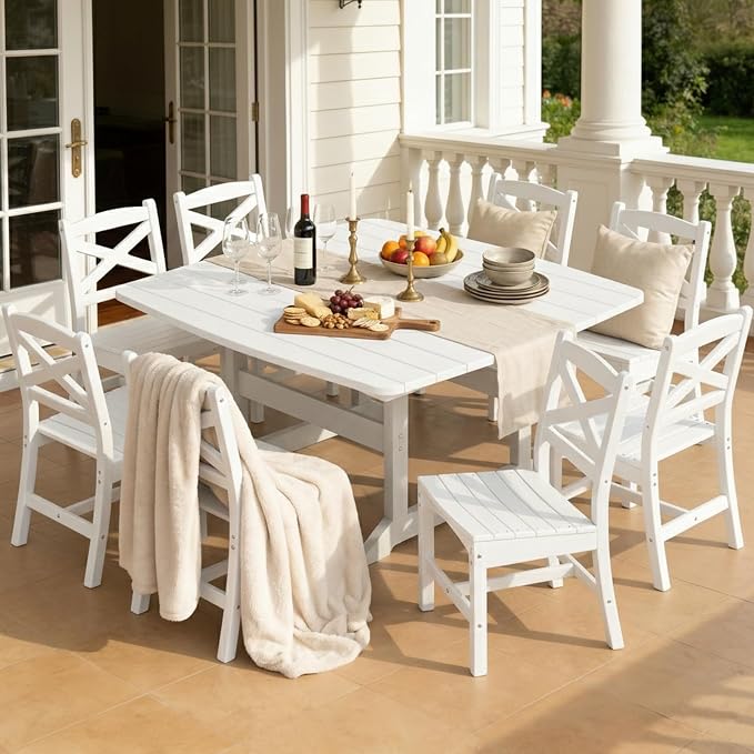 Outdoor Dining Set, HDPE 9-Piece Patio Table and Chairs Set, All-Weather Outdoor Dining Table Set for 8 with Umbrella Hole, Durable Patio Furniture Set with Chairs,White - Image 6