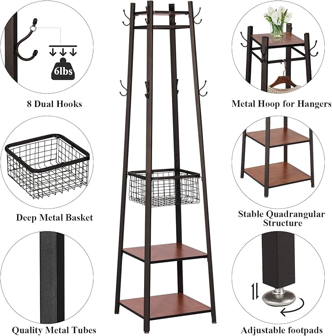VECELO Coat Rack Freestanding, Entryway Hanger Stand, Umbrella Holder, Hall Tree With Hooks, Floor Standing Metal Tree Stand,Brown - Image 4