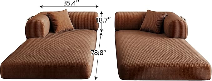 79" Convertible Sofa Bed, Corduroy Folding Pull Out Couch with Pillows, No Assembly Modern Boneless Couch Compression Sofa in Box, Floor Sofa with Support Rods for Living Room,Brown