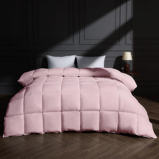 puredown® Goose Feather Comforter King Size, All Season Duvet Insert Medium Warmth, Cloud Soft Hotel Collection Comforters with Cotton Cover Pink 106"x90"