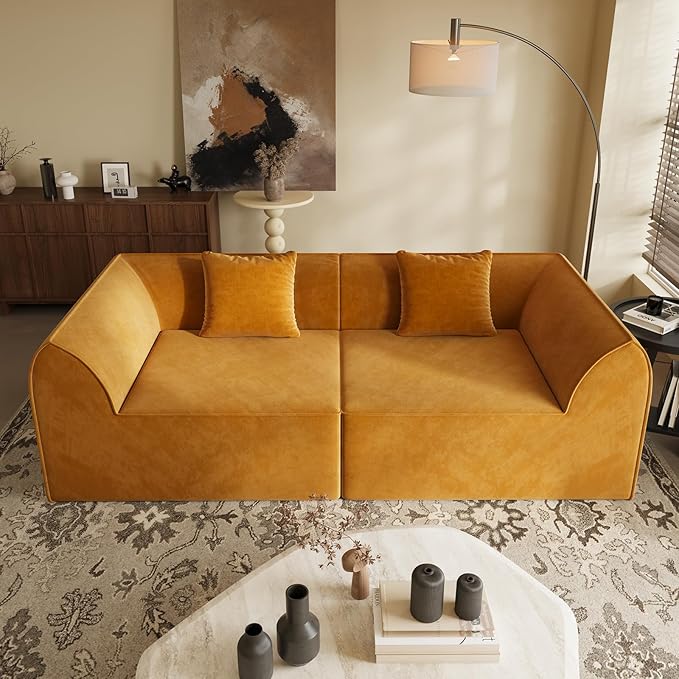 KEIKI 98.43'' Sofa Bed with Rectangle Pillow & Cushions, 2-Seater Convertible Chair, Folding Memory Foam Floor Couch & Sleeping Mattress, Modern Fabric Sleeper Sofa for Bedroom & Living Room,Orange
