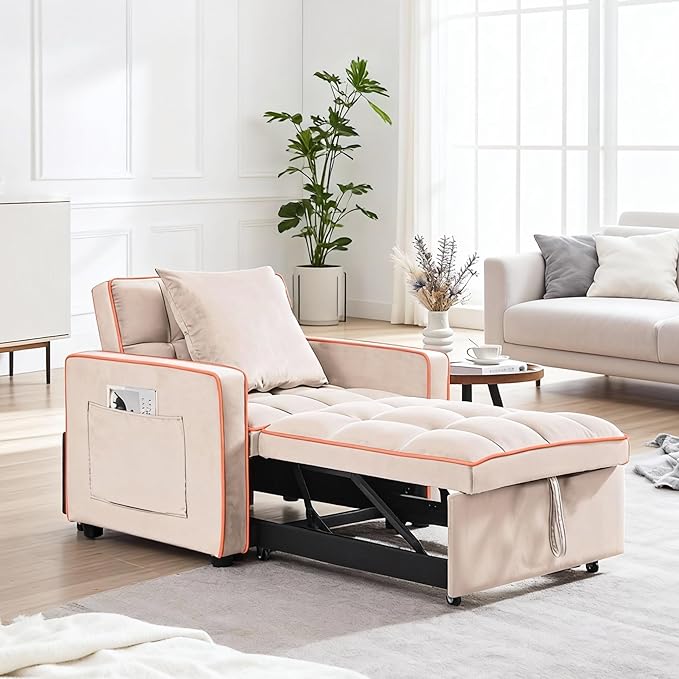 Convertible Sleeper Chair, Pull Out Chair Sleeper with Pillow, Chairs Bed Sleepers for Adults, 3 in 1 Sofa Bed Chairs for Small Spaces, Living Room, White