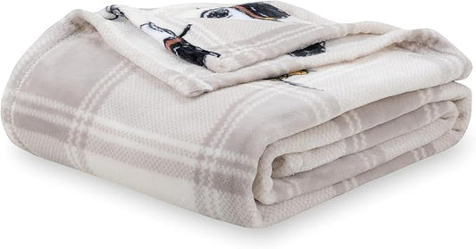 Berkshire Blanket Peanuts® VelvetLoft® Cute Character Snoopy Plush Blanket,Lakeside Plaid Harvest Snoopy and Woodstock Grey,King 90 in x 108 in (Official Peanuts® Product)