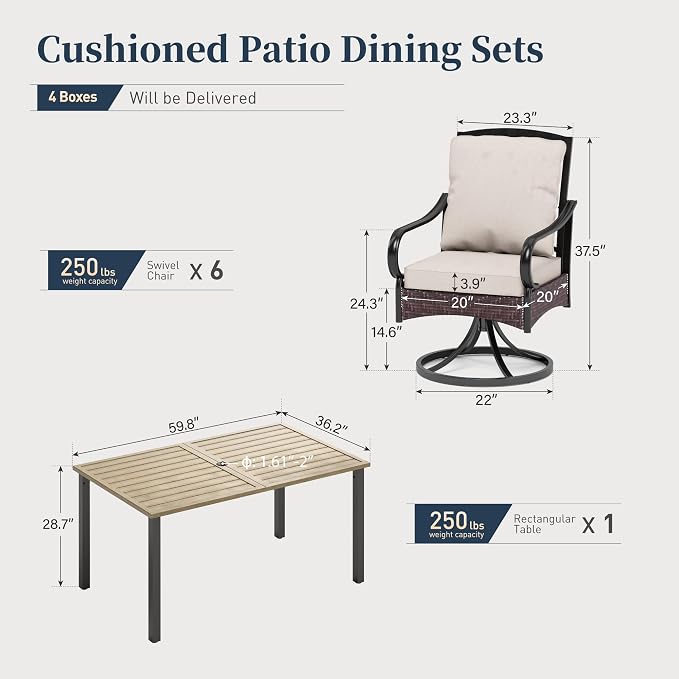 SUNSHINE VALLEY 7 Piece Patio Dining Sets for 6, Outdoor Table and Chairs with Cushioned Wicker Swivel Patio Chairs & Wood-Like Dining Table (1.61-2”Umbrella Hole), Outdoor Dining Sets for Backyard - Image 6