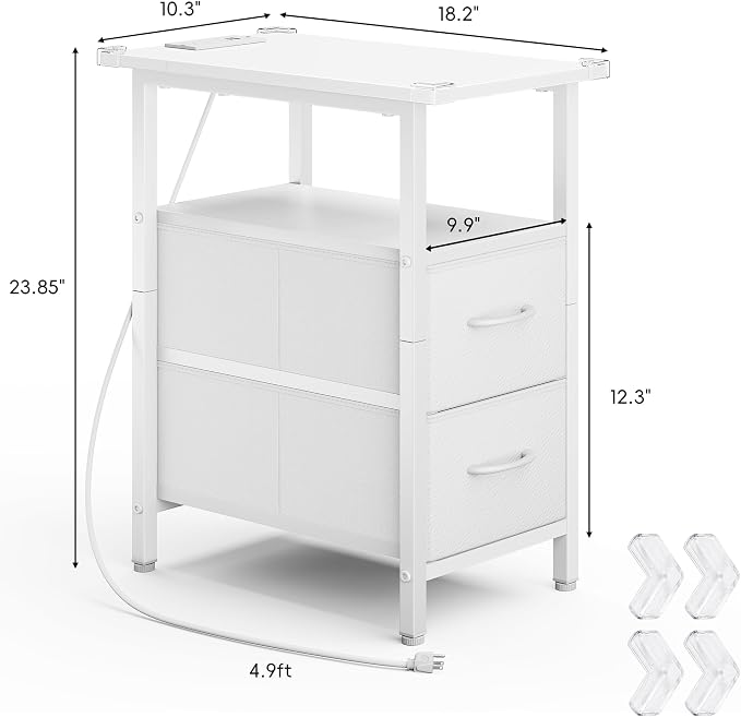 Vagusicc White End Table with Charging Station, Narrow Side Table, 23.8'' Tall Nightstand with 2 Fabric Drawers, Small Sofa Side Table Narrow Nightstand for Small Spaces, Bedroom, Bedsise Table, White - Image 3