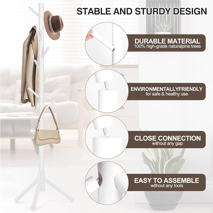 WANGMUXIA Coat Rack, Freestanding Coat Rack with 8 Hooks and 3 Adjustable Size Tree Coat Racks for Bedroom, Hallway, Entrance, Office, for Hats, Coats, Scarves, Handbags - Image 3