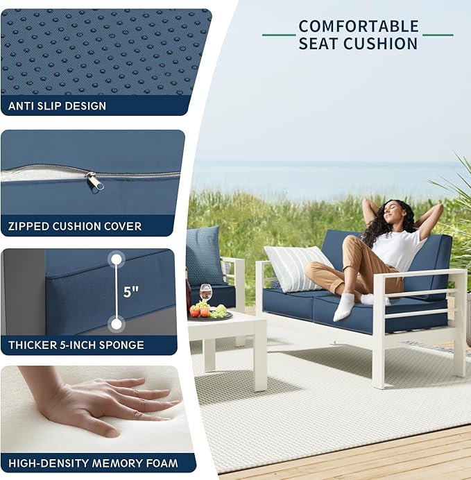 Amopatio Patio Furniture with Fire Pit, 5 Pcs Aluminum Outdoor Sectional Metal Patio Sofa Set with Aluminum Fire Pit Table for Backyard,White&Blue(Included Waterproof Covers)