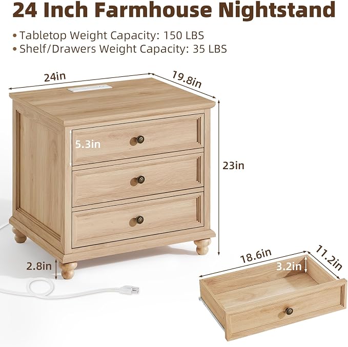 Joaxswe Farmhouse Nightstand with Charging Station, 24" Wide End Table with 3 Drawers,Natural Wood Dresser for Bedroom, Bed Side Table Chest of Drawers Cabinet,Night Stand for Living Room, Closet - Image 2