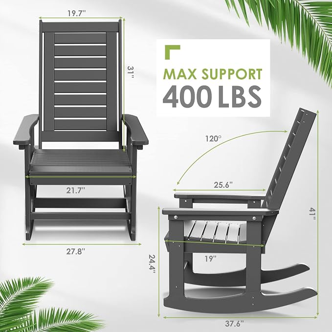 GREENVINES Outdoor Rocking Chair Set | 3-Piece | 2 Rocking Chairs with 1 Side Table | Porch Rocker | HDPE Plastic | Grey | Patio Furniture Sets | High Back | Big & Tall | Ladder Back - Image 3