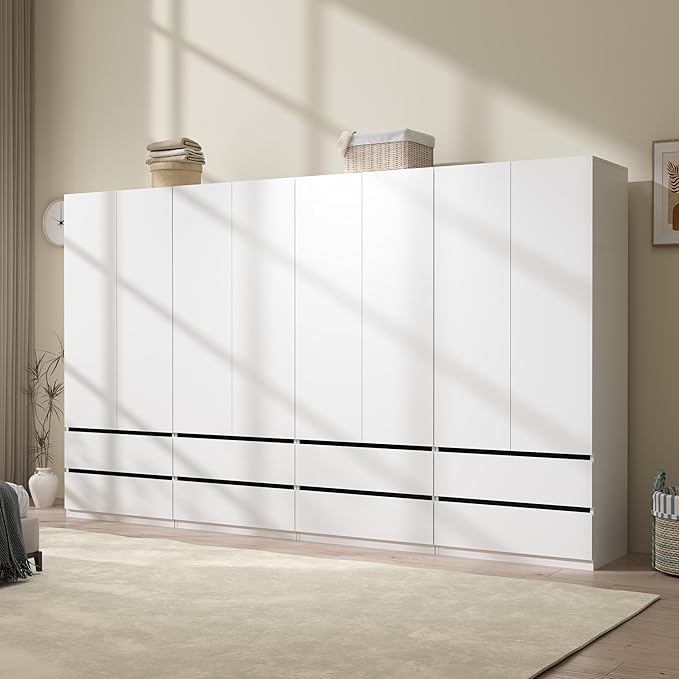 Large Wardrobe Closet with 8 Doors: 75" White Armoire with 8 Drawers, Wooden Wardrobe for Hanging Clothes, Tall Storage Cabinet with Shelves and Hanging Rod (A+A+A+A, 126")
