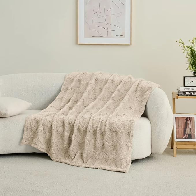 3 Layer Jacquard Throw Blanket - 50x70 Inch Soft Fleece with Wave Pattern, Brown Plush Cozy Blanket for Sofa, Couch, Bed & Chair, All Season Decorative Blanket for Living Room & Bedroom