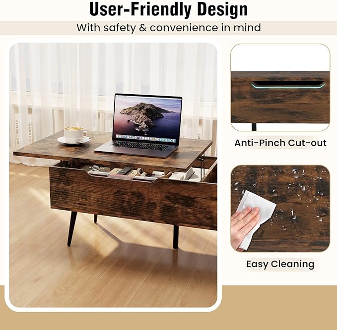 Tangkula Lift Top Coffee Table, Mid Century Modern Center Table with Split Top & 2 Hidden Compartments, Rectangle Accent Table with Tapered Metal Legs for Living Room (Rustic Brown)