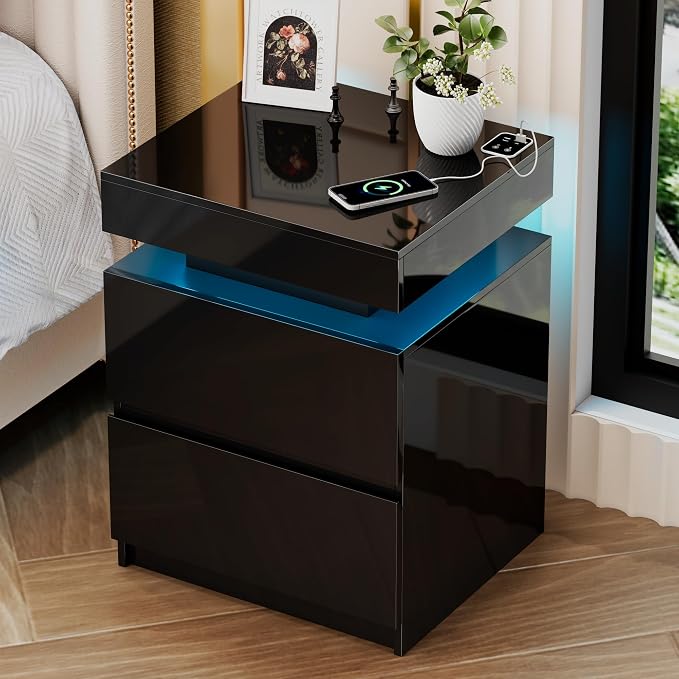 LED Nightstand - Bedside Table with Charging Station and 2 Shiny Surface Drawers Sliding Top with Magnetic Lock - Modern Night Stand for Bedroom & Living Room - Black - Image 7