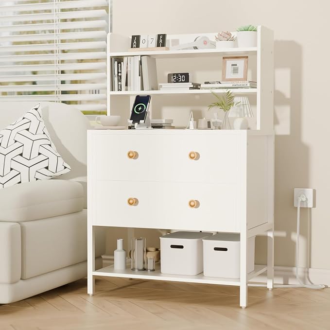 24 Inch Wide Night Stand, Large Wooden Night Stand with 2 Adjustable Drawes, Tall Nightstand with 4-Tier Shelves and Charging Station, Bedside Table for Living Room/Bedroom/Office, White. by PATAVOT