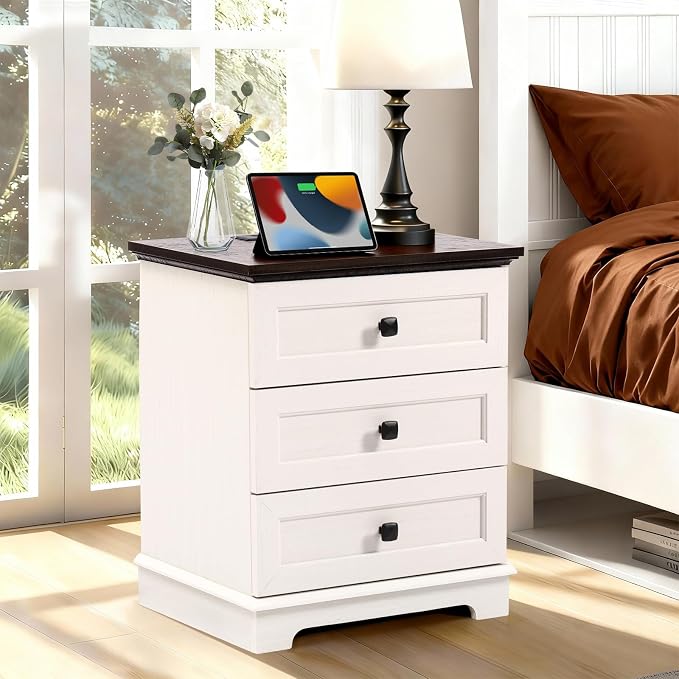 20-Inch Wide Modern Nightstand with Charging Station, End Table with 3 Large Drawers, Simple Design Bedside Table for Bedroom and Office,White(Single Piece) by PiChongspace