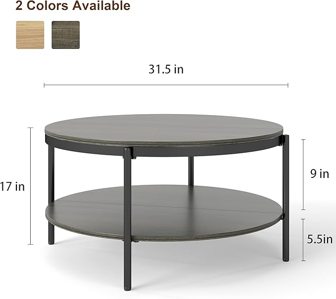 Manora Round Coffee Table with Storage Shelf, Rustic Wood Center Table with Black Metal Frame, Modern Circle Living Room Table for Small Spaces (Gray)