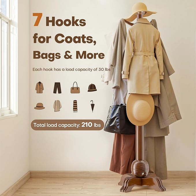 Hall Tree, Freestanding Wood Tree Rack with 7 Hooks, Coat Rack with Stable Sphere Base, Wooden Coat Rack Stand, Load 210 lb, Coat Hanger Stand for Entryway, Hallway, Bedroom, H:72 in, Walnut - Image 4