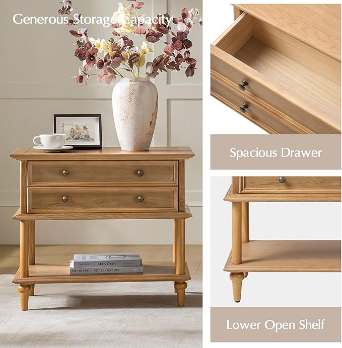 HULALA HOME Farmhouse Nightstand with Drawer & Open Shelf, Natural Wood End Table with Solid Wood Legs, 28.4'' Wide Sofa Side Table with Charging Station(Oak) - Image 5