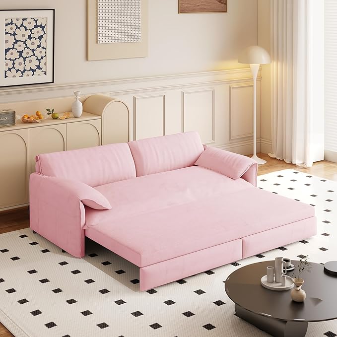 66" Queen Size Pull Out Sofa Bed, 3-in-1 Convertible Sleeper with Side Storage and Wheels, Velvet Loveseat for Living Room, Apartment, Bedroom, Pink (Mattress & Bedding Not Included)