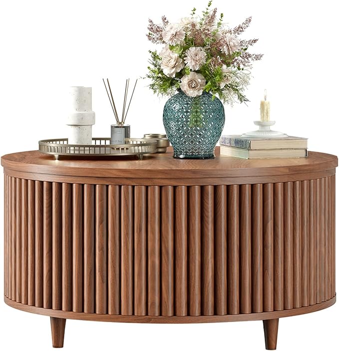 Evermagin 31.5'' Walnut Round Coffee Table, Fluted Lift Top Coffee Table with Large Storage, Mid Century Modern Small Center Table for Living Room