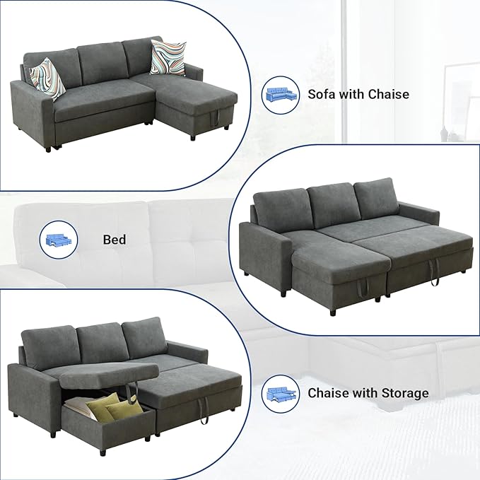 Rovibek 83" Convertible Sofa Bed Couch with Storage - 4 in 1 L Shaped Sofa with Pull Out Couch Bed for Living Room, Apartment, Office, Small Spaces, Grey