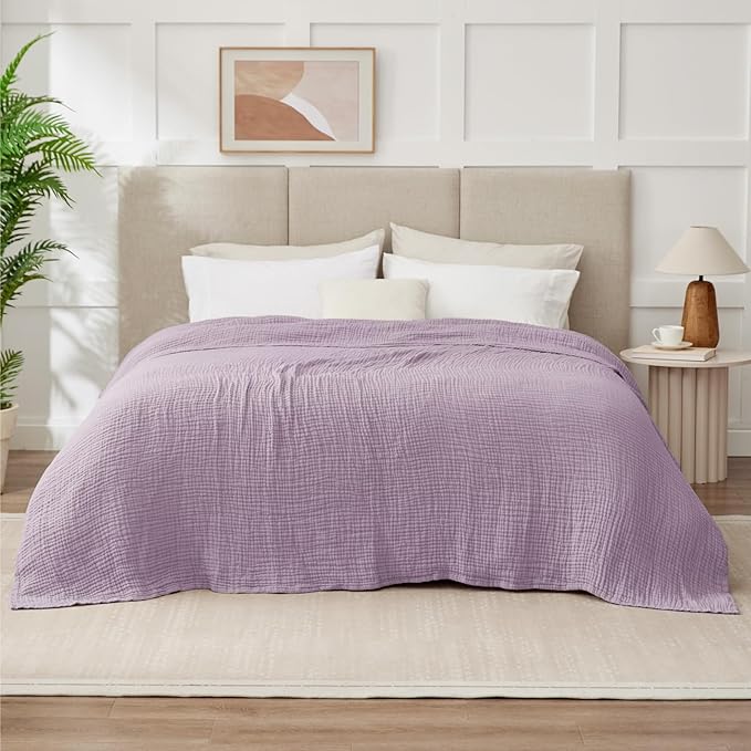 100% Cotton Muslin Blanket Large 50" x 70", 6 Layers Breathable and Lightweight Cotton Throw Blanket for Bed and Couch, Soft Quilt Bedspread, Gauze Blanket for Adults All Season, Lavender