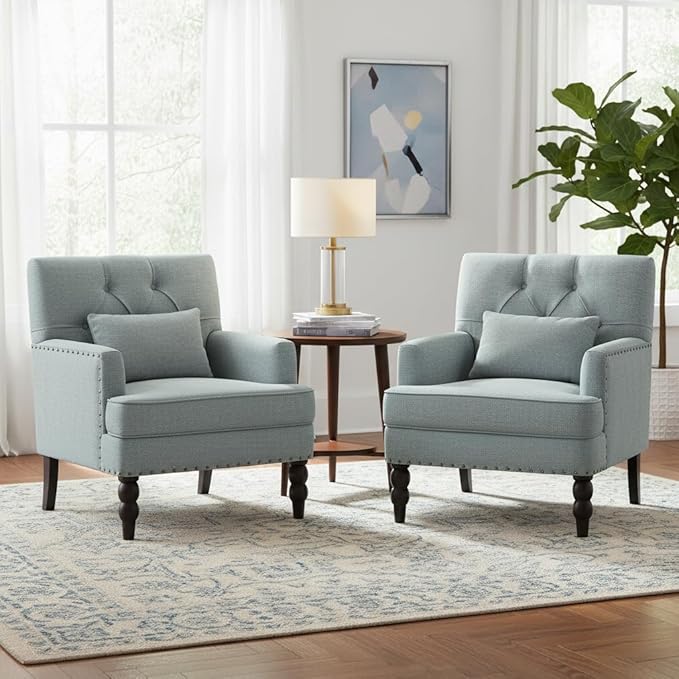 HUIMO Accent Chairs Set of 2, Tufted Club Chair Set of 2 with Lumbar Pillow,Upholstered Button Armchair, Linen Fabric Sofa Chairs for Bedroom, Living Room, Mid Century Modern Reading Chair,Light Blue