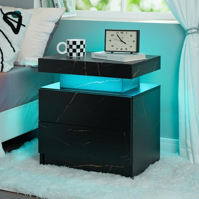 i-aplus LED Night Stand Modern Nightstands with 2 Drawers LED Bedside Tables Bedroom Night Stand by Unknown